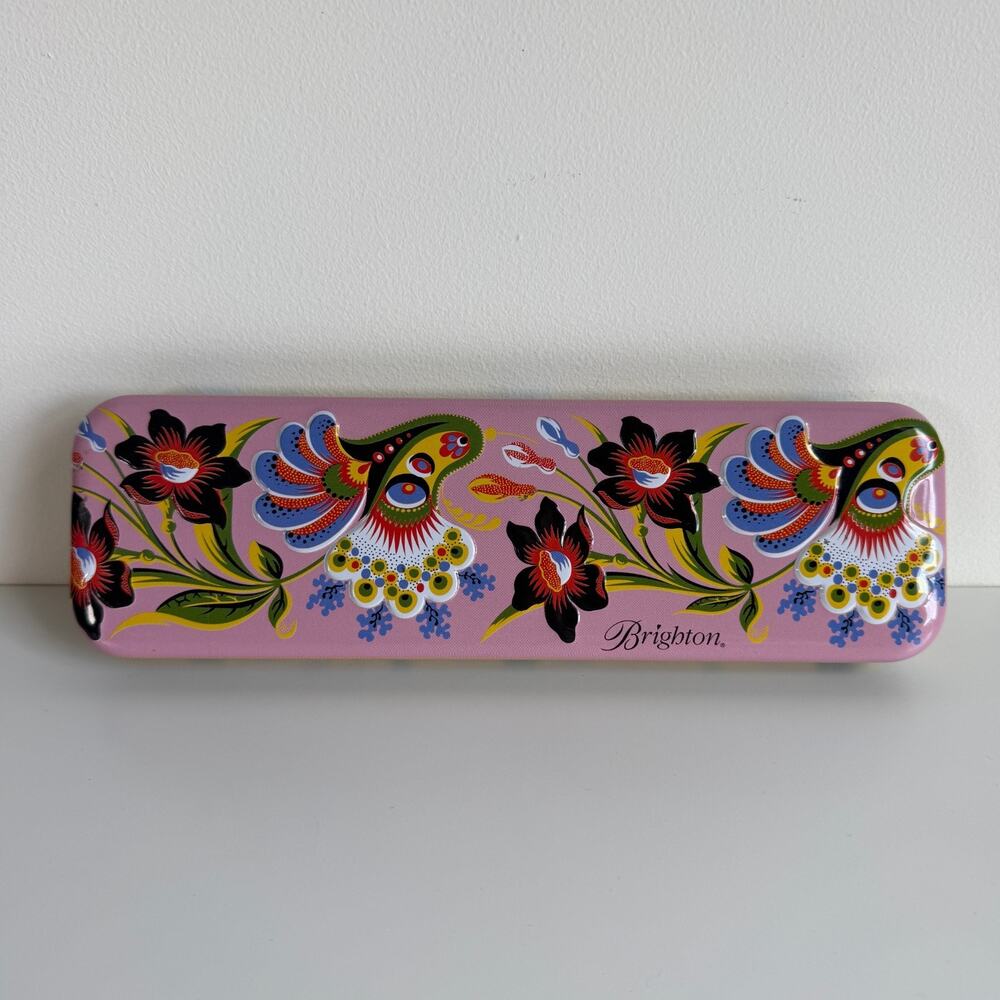Brighton Floral Bird Metal Watch Tin Case Pink Yellow Decorative Storage Box